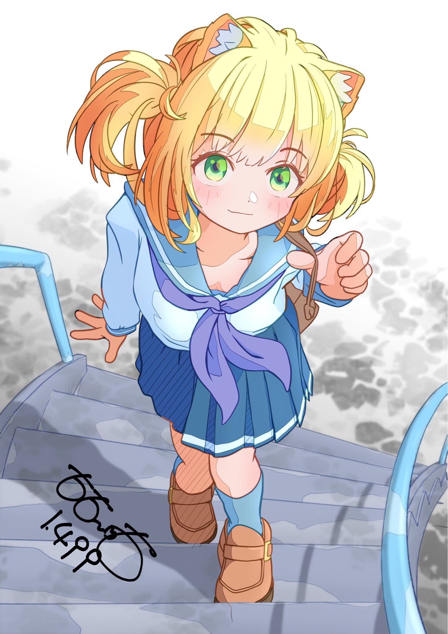 totomoto, original, highres, 1girl, animal ear fluff, animal ears, artist name, bag, blonde hair, blue sailor collar, blue skirt, blue socks, blush, bow, bowtie, breasts, brown bag, brown shoes, cleavage, closed mouth, collarbone, from above, green eyes, head tilt, light smile, loafers, outdoors, outstretched arm, pleated skirt, purple bow, purple bowtie, railing, sailor collar, school bag, school uniform, serafuku, shirt, shoes, short twintails, signature, skirt, smile, socks, solo, spiral staircase, stairs, twintails, walking, white shirt