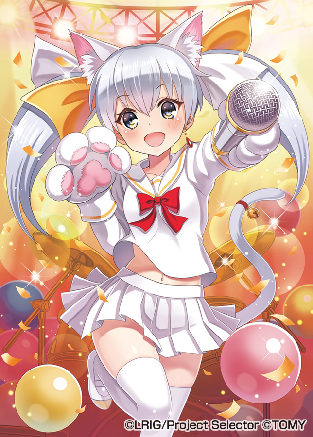 madopen, tama (wixoss), wixoss, official art, 1girl, animal ears, animal hands, bow, cat ears, cat girl, cat paws, cat tail, copyright notice, earrings, grey eyes, hair bow, holding, holding microphone, jewelry, looking at viewer, medium hair, microphone, open mouth, red bow, shirt, shoes, single earring, skirt, solo, tail, thighhighs, two side up, white bow, white hair, white shirt, white shoes, white skirt, white thighhighs, yellow bow