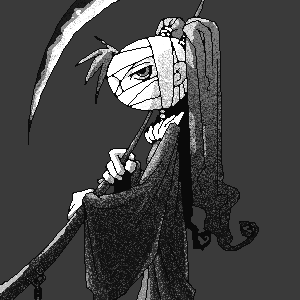 outtake, character request, copyright request, lowres, tagme, 1girl, bandages, female focus, grey background, monochrome, scythe, solo, standing, twintails