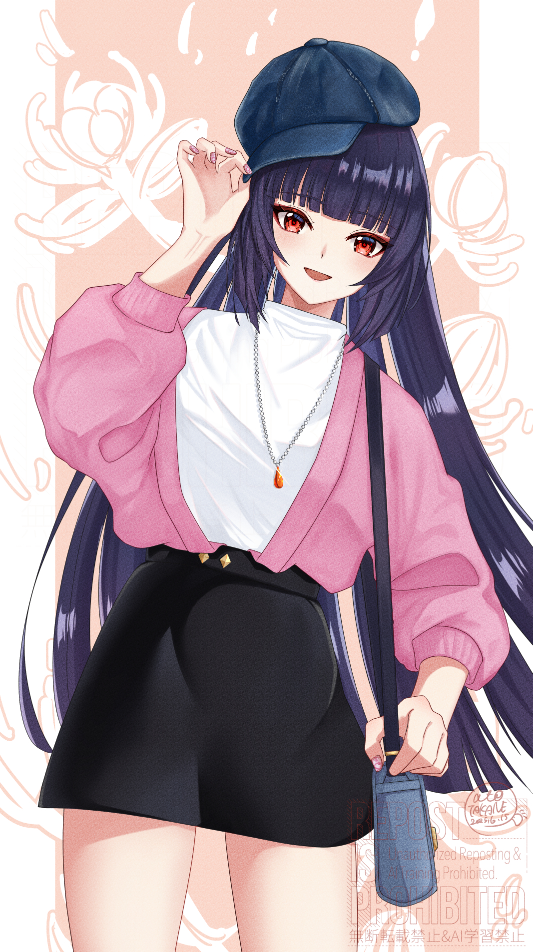 takane pato, yun jin (genshin impact), genshin impact, highres, 1girl, black hair, blush, breasts, contemporary, hair ornament, hat, holding, long hair, looking at viewer, makeup, open mouth, purple hair, red eyes, smile, solo