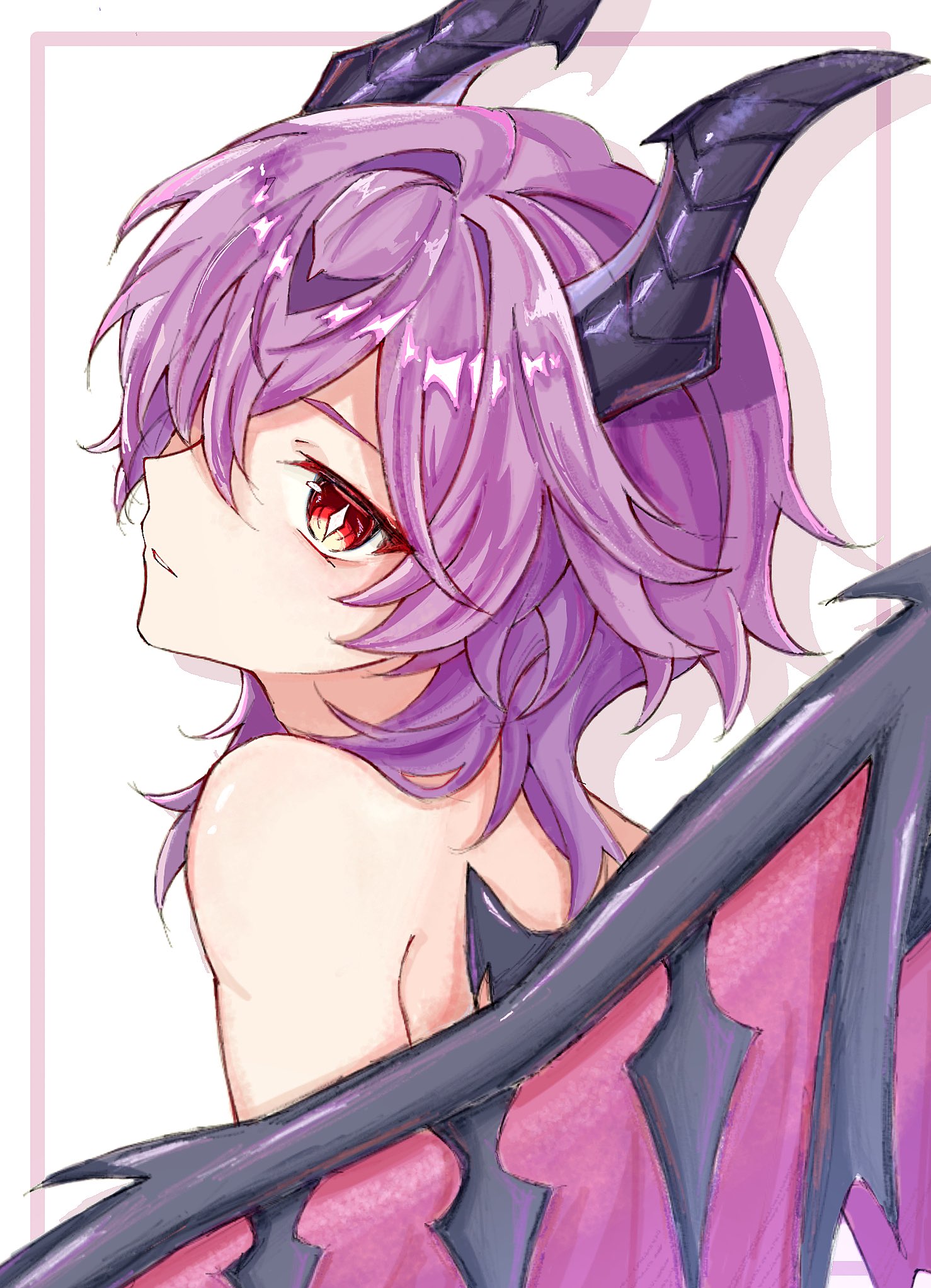 mini durin (genshin impact), mini durin (human) (genshin impact), genshin impact, highres, 1boy, dragon horns, dragon wings, horns, kuro774 n, male focus, nude, purple hair, red eyes, short hair, simple background, solo, white background, wings