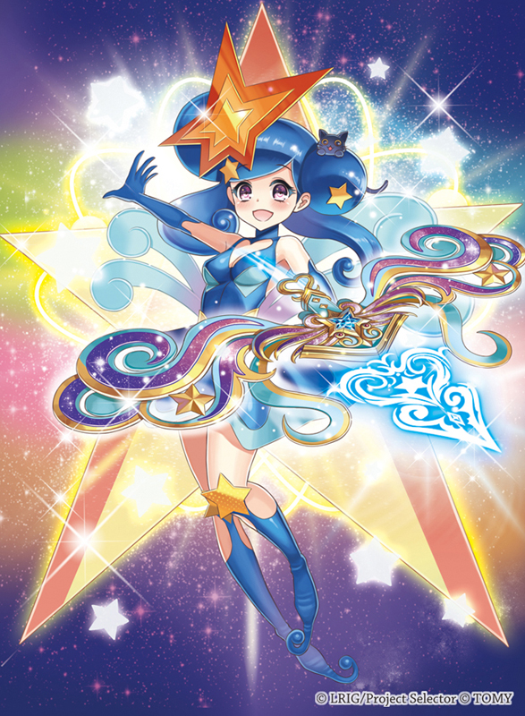 madopen, milulun (wixoss), wixoss, official art, 1girl, blue boots, blue dress, blue gloves, blue hair, boots, copyright notice, double bun, dress, elbow gloves, gloves, hair bun, hair ornament, holding, holding weapon, long hair, looking at viewer, open mouth, purple eyes, solo, star (symbol), star hair ornament, thigh boots, twintails, weapon