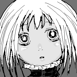 outtake, character request, copyright request, lowres, tagme, 1girl, female focus, grey background, monochrome, simple background, solo