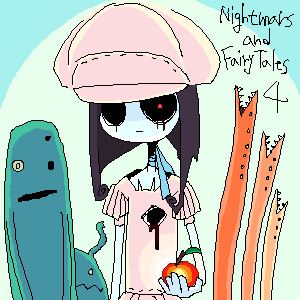 outtake, lowres, tagme, apple, blood, food, fruit, hat, hollow eyes, monster, newsboy cap, purple hair, skirt