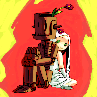 outtake, lowres, flower, robot, sitting, white hair