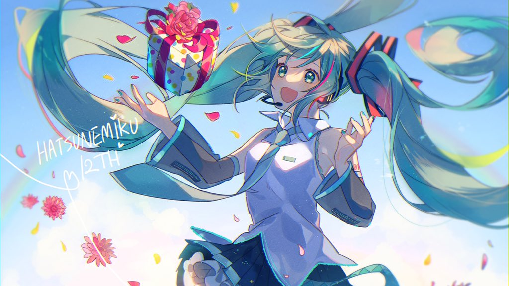 omutatsu, hatsune miku, vocaloid, commentary request, 1girl, aqua eyes, aqua hair, aqua nails, aqua necktie, aqua trim, black skirt, box, character name, collared shirt, detached sleeves, gift, gift box, hair between eyes, hair ornament, headset, long hair, long sleeves, miniskirt, necktie, open mouth, pink ribbon, pleated skirt, ribbon, see-through clothes, see-through sleeves, shirt, skirt, sleeveless, sleeveless shirt, smile, solo, very long hair, white shirt, wide sleeves
