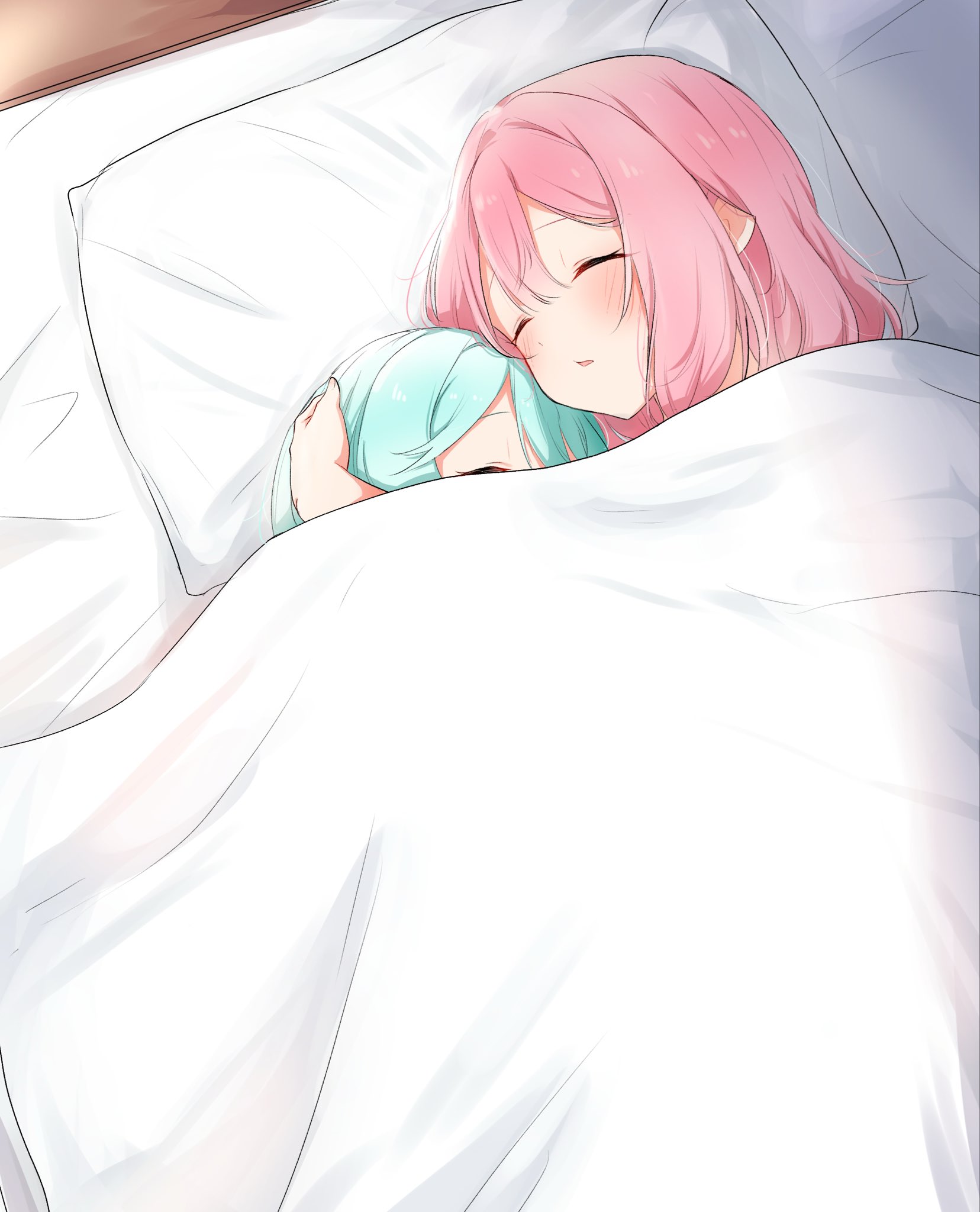 nuooooodoomo, amaori renako, koyanagi kaho, watashi ga koibito ni nareru wake naijan murimuri!, commentary, hashtag-only commentary, highres, 2girls, blue hair, closed eyes, cuddling, from above, medium hair, multiple girls, parted lips, pillow, pink hair, under covers, yuri