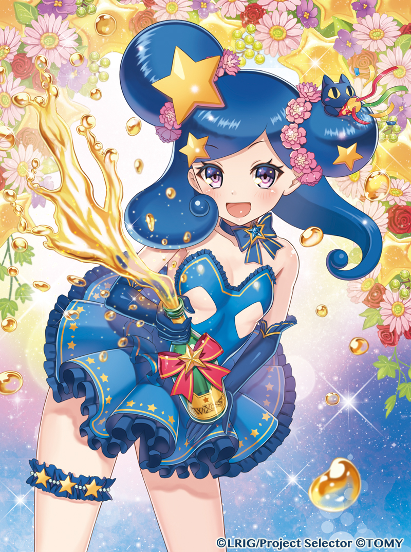 madopen, milulun (wixoss), wixoss, official art, 1girl, blue dress, blue gloves, copyright notice, double bun, dress, elbow gloves, flower, frilled dress, frills, gloves, hair bun, hair ornament, holding, holding party popper, looking at viewer, open mouth, party popper, purple eyes, smile, solo, star (symbol), star hair ornament, thigh strap