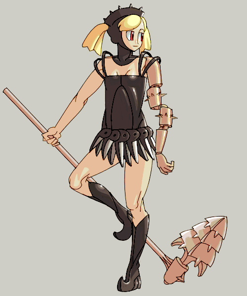 outtake, gender request, androgynous, blonde hair, boots, red eyes, simple background, solo, twintails, weapon