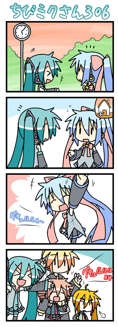minami (colorful palette), akita neru, chibi miku, hatsune miku, kagamine len, kasane teto, kasane teto (utau), kiyone suzu, utau, vocaloid, long image, tall image, > <, 1boy, 4girls, 4koma, aqua hair, chibi, closed eyes, comic, crossover, drill hair, multiple girls, silent comic, twin drills, twintails, | |