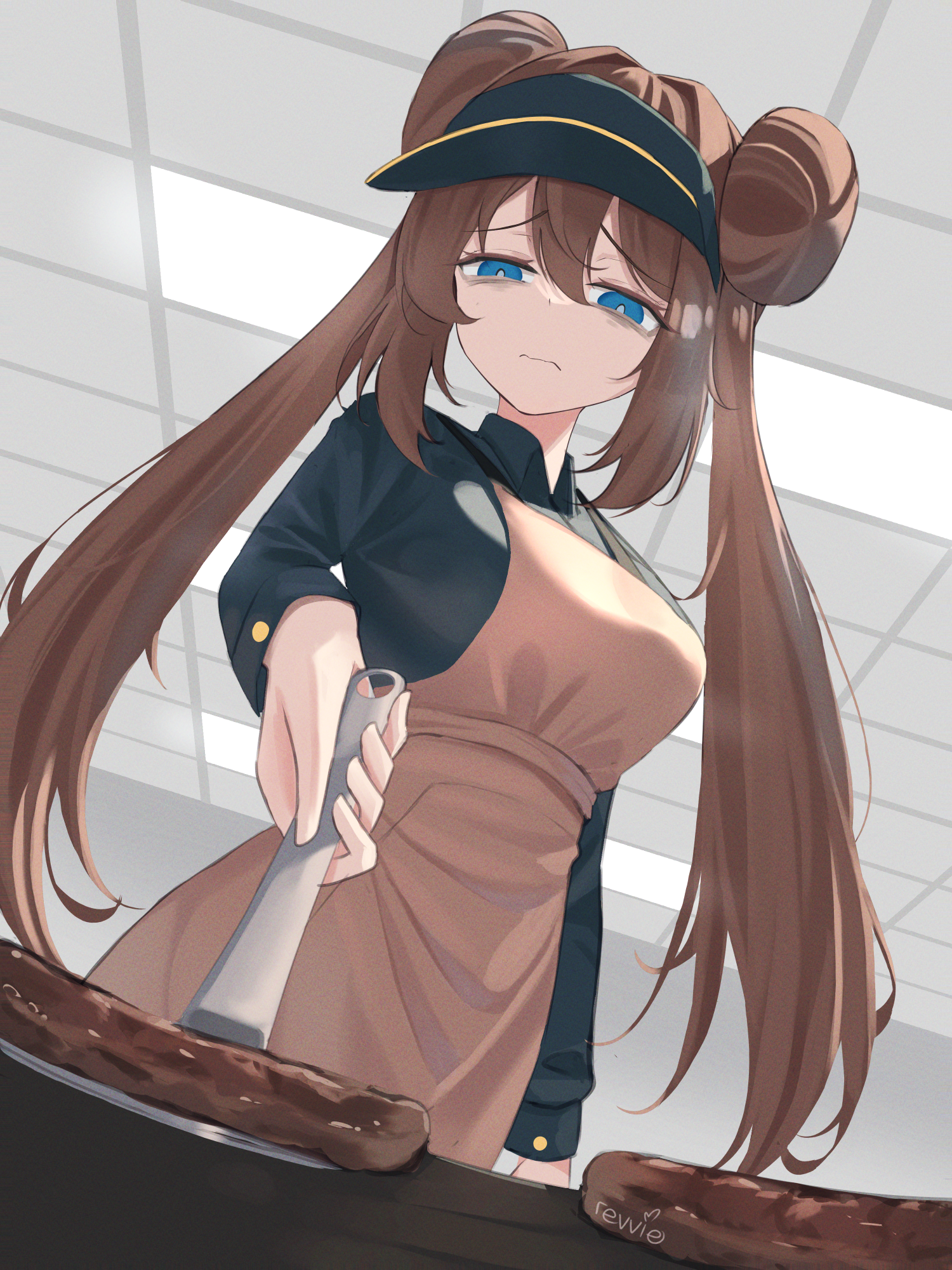 revvie, rosa (pokemon), nintendo, pokemon, pokemon bw2, highres, 1girl, apron, bags under eyes, black shirt, blue eyes, breasts, brown hair, burger, closed mouth, collared shirt, cooking, donut hair bun, double bun, food, grill, grilling, hair bun, holding, holding spatula, indoors, long hair, long sleeves, pink apron, shirt, solo, spatula, twintails, visor cap