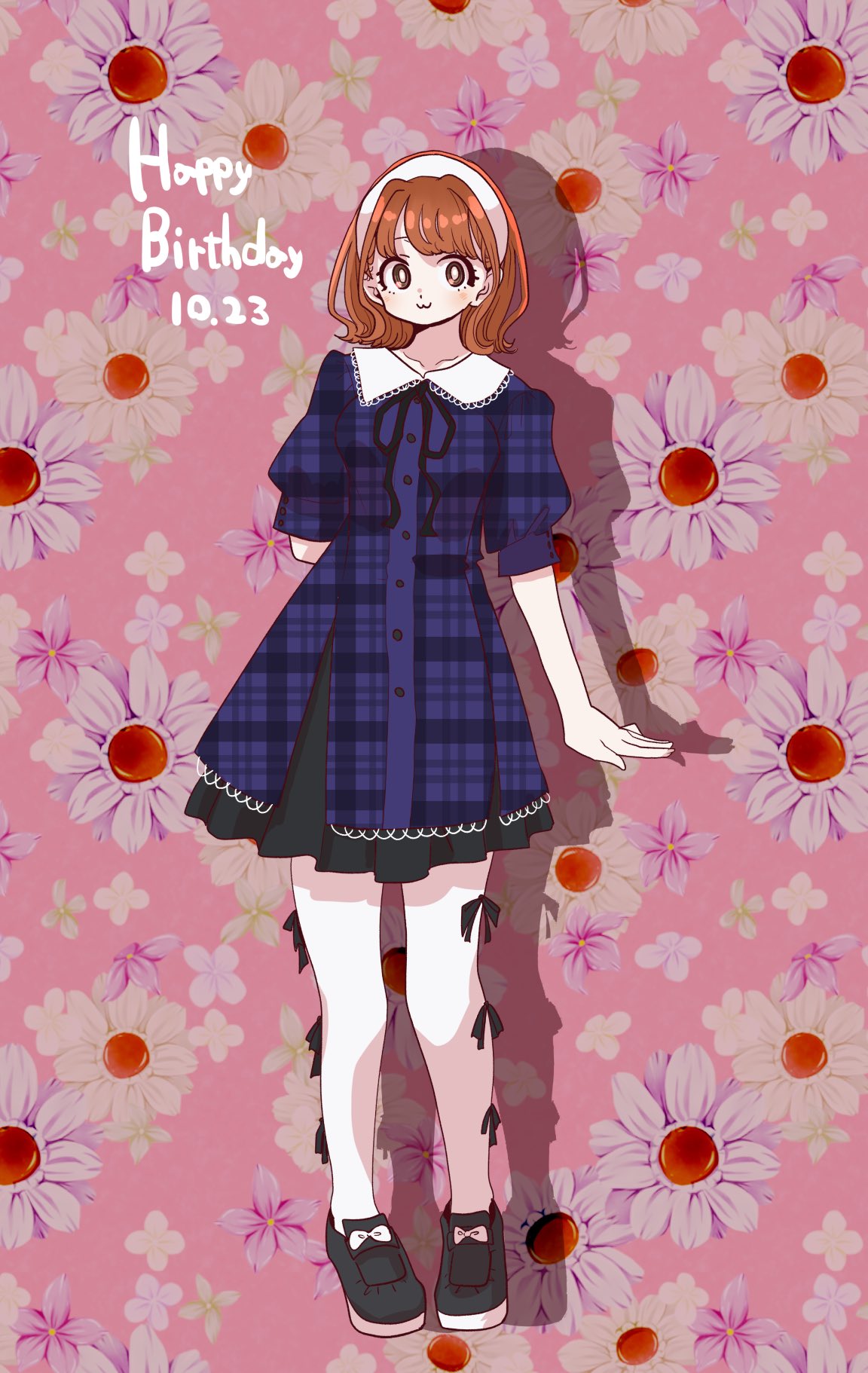sakurai norio, sekine moeko, boku no kokoro no yabai yatsu, commentary request, highres, official art, :3, arm behind back, black dress, black shoes, brown eyes, brown hair, closed mouth, collared dress, dated, dress, floral background, full body, hairband, happy birthday, looking at viewer, medium hair, pantyhose, shoes, short sleeves, standing, white hairband, white pantyhose