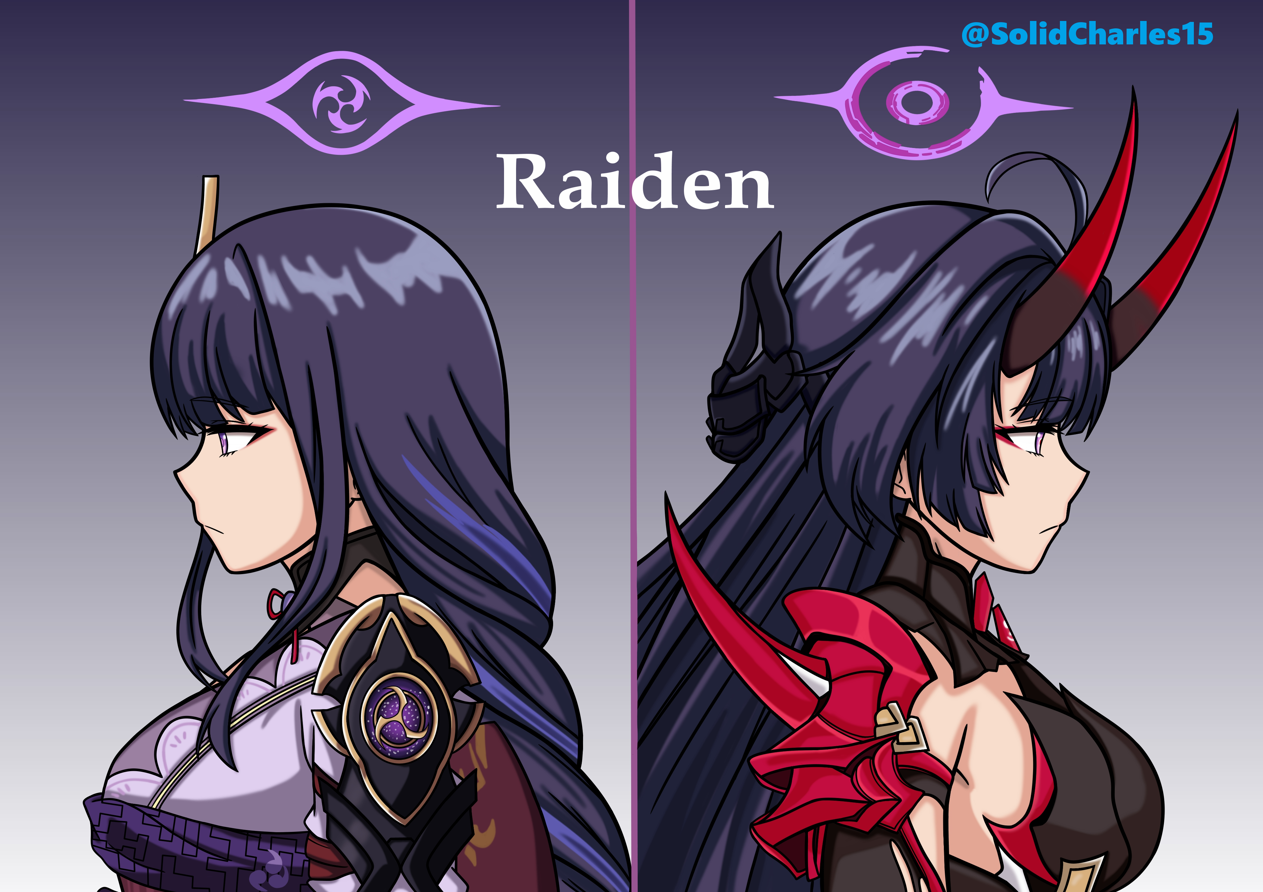 raiden mei, raiden mei (herrscher of thunder), raiden shogun, sawashiro miyuki, genshin impact, honkai (series), honkai impact 3rd, absurdres, highres, 2girls, ahoge, alternate universe, armor, artist name, behind another, blunt bangs, carlos devilcry15, character name, closed mouth, clothing cutout, company connection, english text, eyeliner, from side, glowing, gradient background, grey background, hair ornament, horns, in-franchise crossover, japanese clothes, kimono, long hair, long horns, makeup, mitsudomoe (shape), multicolored hair, multiple girls, official alternate costume, purple eyes, purple hair, purple kimono, purple sash, red eyeliner, red horns, sash, shade, shoulder armor, shoulder cutout, standing, streaked hair, tomoe (symbol), twitter username, upper body, voice actor connection