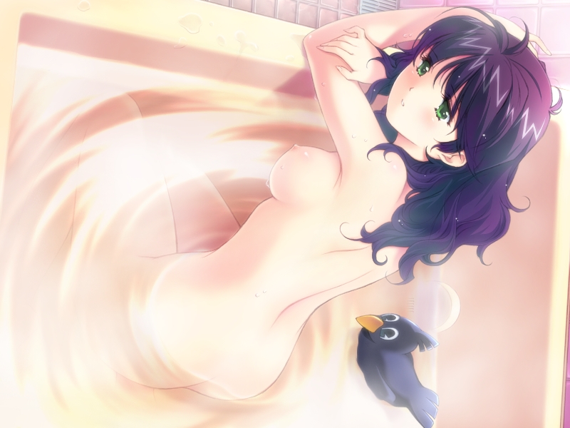 min-naraken, ultra mahou shoujo manana, character request, game cg, source request, 1girl, ass, bath, blush, breasts, female focus, green eyes, nipples, nude, purple hair, solo, sweat, water, wet