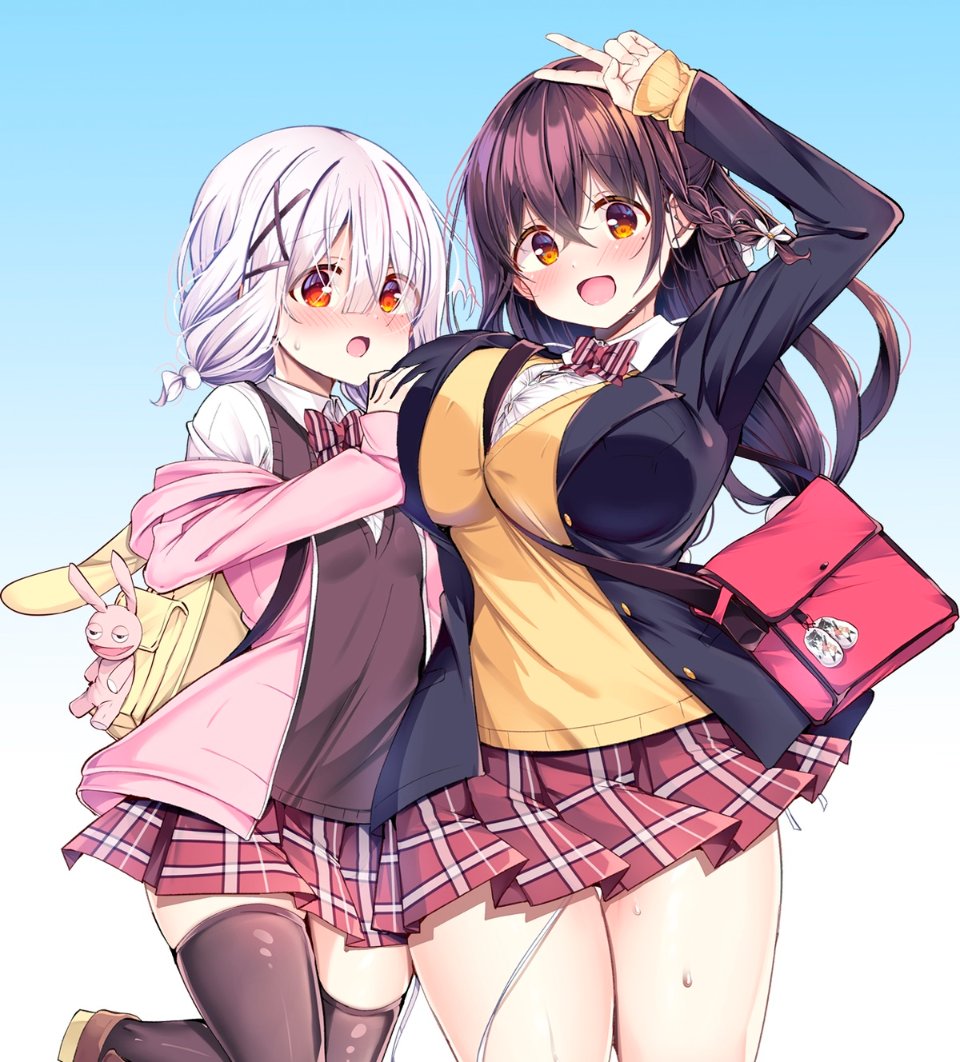 kurou (quadruple zero), ninose shizuku, shirakawa kokona, watashi no tame ni nuginasai!, 2girls, :d, :o, bag, bag charm, black bra, black thighhighs, blue background, blush, bra, breasts, brown hair, brown sweater vest, cardigan, charm (object), collared shirt, comic cune, crossed bangs, gradient background, hair ornament, hand on another's chest, jacket, large breasts, long hair, long sleeves, looking at viewer, multiple girls, open mouth, pink jacket, school bag, school uniform, shirt, short hair, simple background, smile, standing, sweater vest, thighhighs, underwear, v, white hair, white shirt, x hair ornament, yellow cardigan