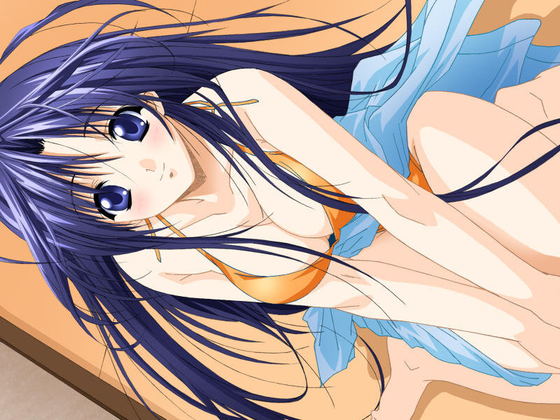 suzuhira hiro, android type a, tune up!!, game cg, 1girl, barefoot, bikini, blue eyes, blue hair, blush, breasts, cleavage, female focus, large breasts, long hair, matching hair/eyes, orange bikini, solo, swimsuit
