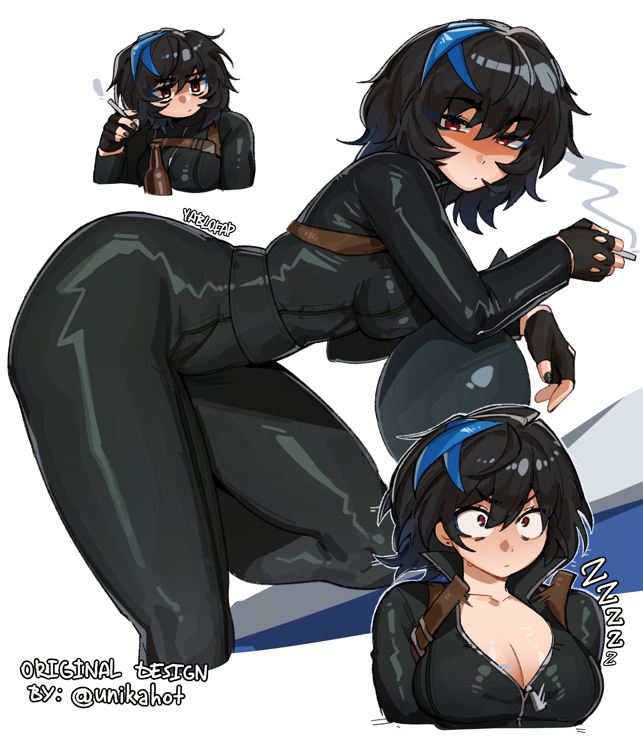 alohapz, unika (guilty gear), guilty gear, guilty gear strive, guilty gear strive: dual rulers, highres, 1girl, black hair, blue hair, blue streaks, blush, bodysuit, breasts, looking at viewer, multicolored hair, open clothes, red eyes, short hair, simple background, solo, streaked hair