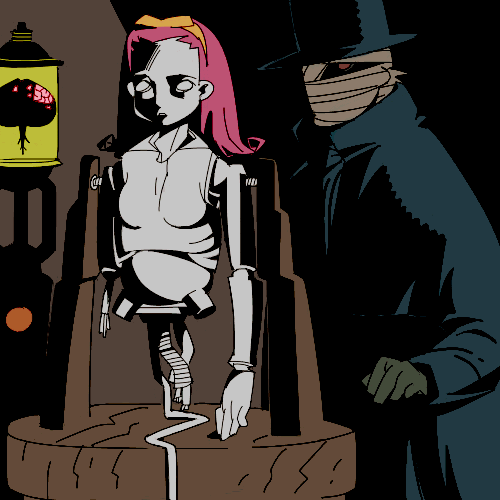 outtake, lowres, bandages, brain, coat, pink hair, robot