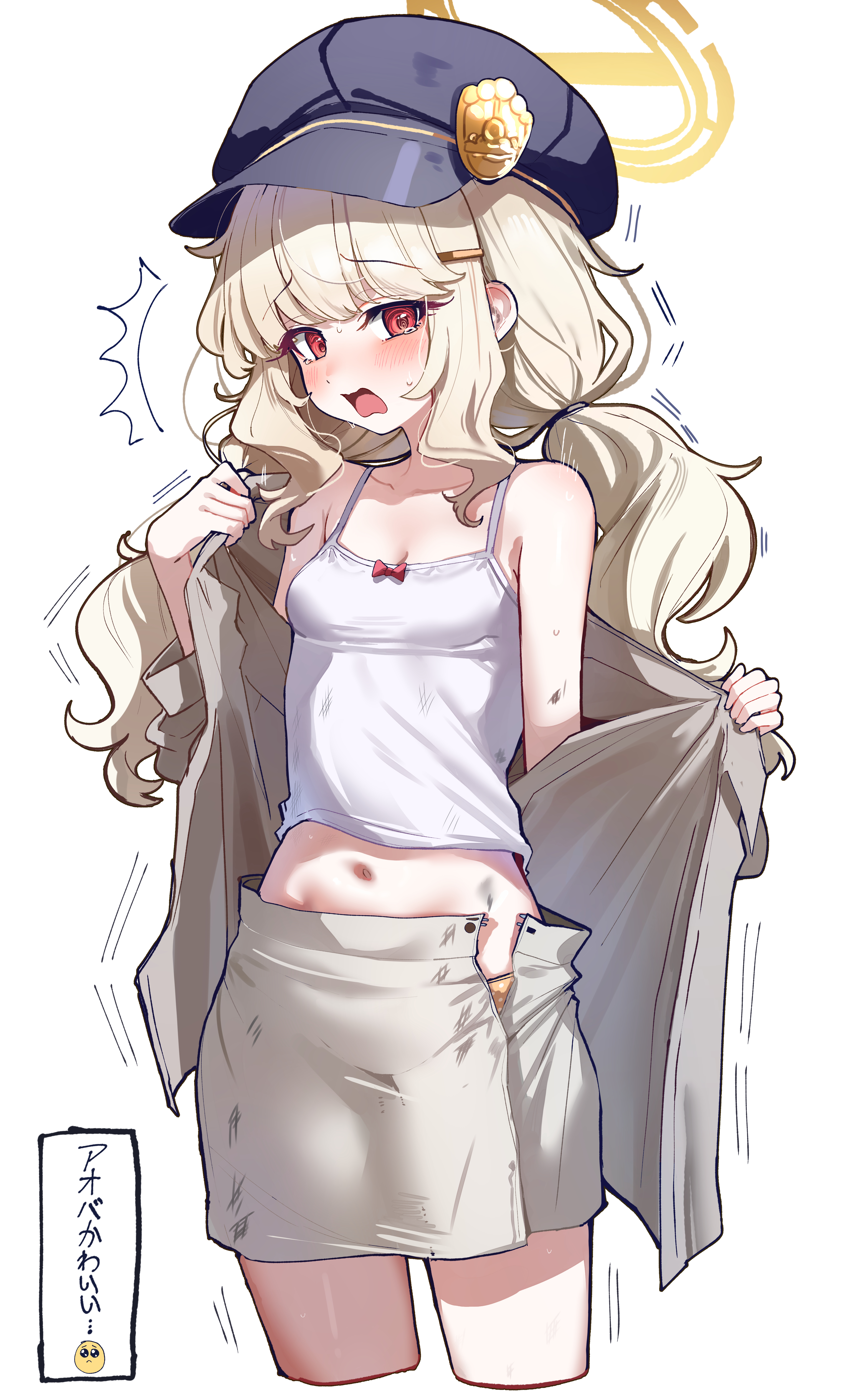 sak (lemondisk), aoba (blue archive), blue archive, absurdres, commentary request, highres, translation request, 1girl, bare shoulders, black hat, blush, breasts, camisole, grey shirt, grey skirt, hair ornament, hairclip, halo, hat, long hair, long sleeves, looking at viewer, navel, newsboy cap, off shoulder, open mouth, pencil skirt, red eyes, shirt, skirt, small breasts, solo, trembling, white camisole, white hair