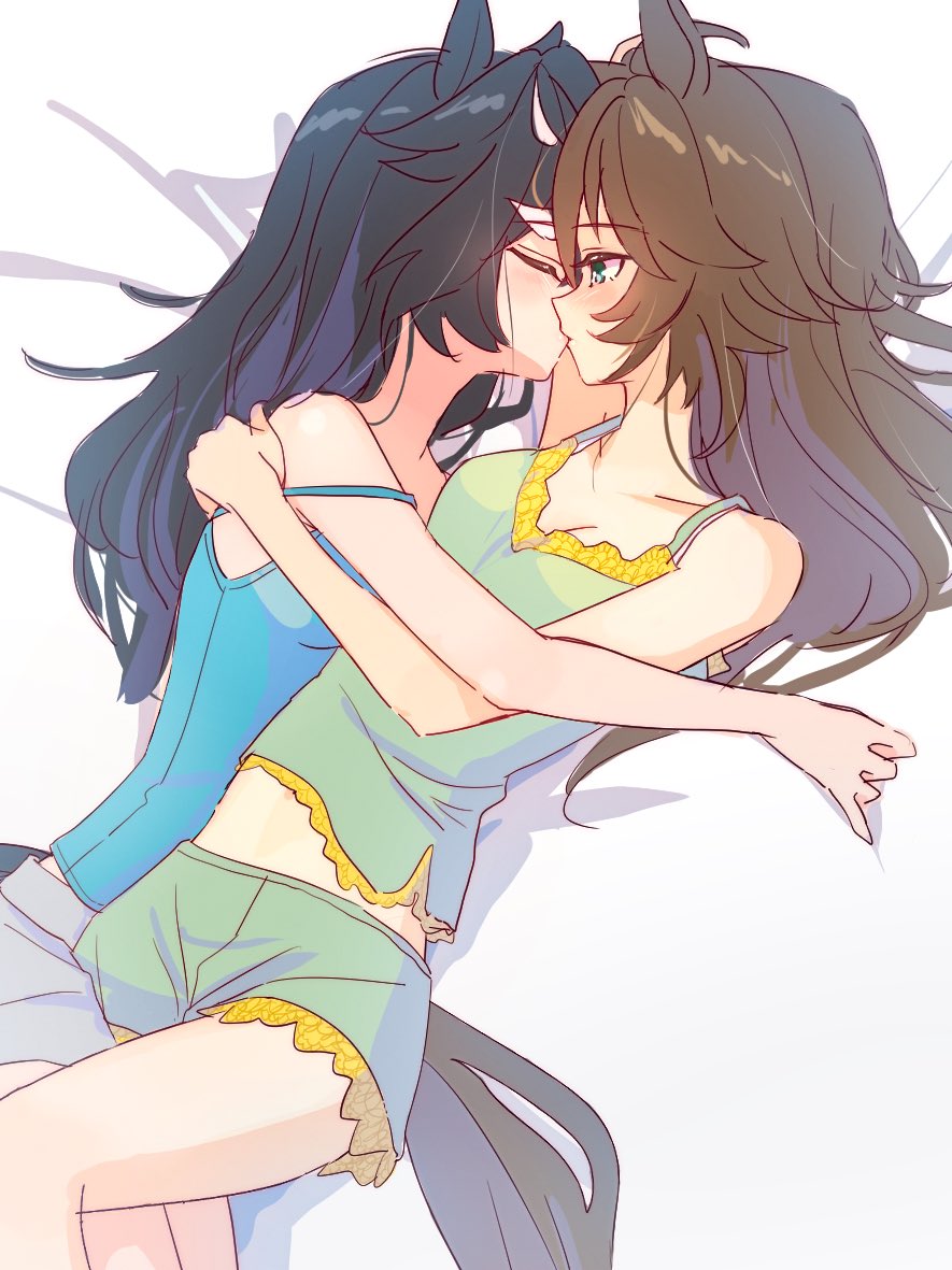 katsuragi ace (umamusume), mr. c.b. (umamusume), umamusume, commentary request, 2girls, animal ears, black hair, blue camisole, brown hair, camisole, closed eyes, green camisole, green eyes, green shorts, horse ears, horse girl, hug, kiss, lateophy2, leg between thighs, long hair, multiple girls, shorts, strap slip, yuri