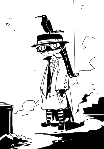 outtake, bird, coat, crow, gun, hat, smoke, weapon