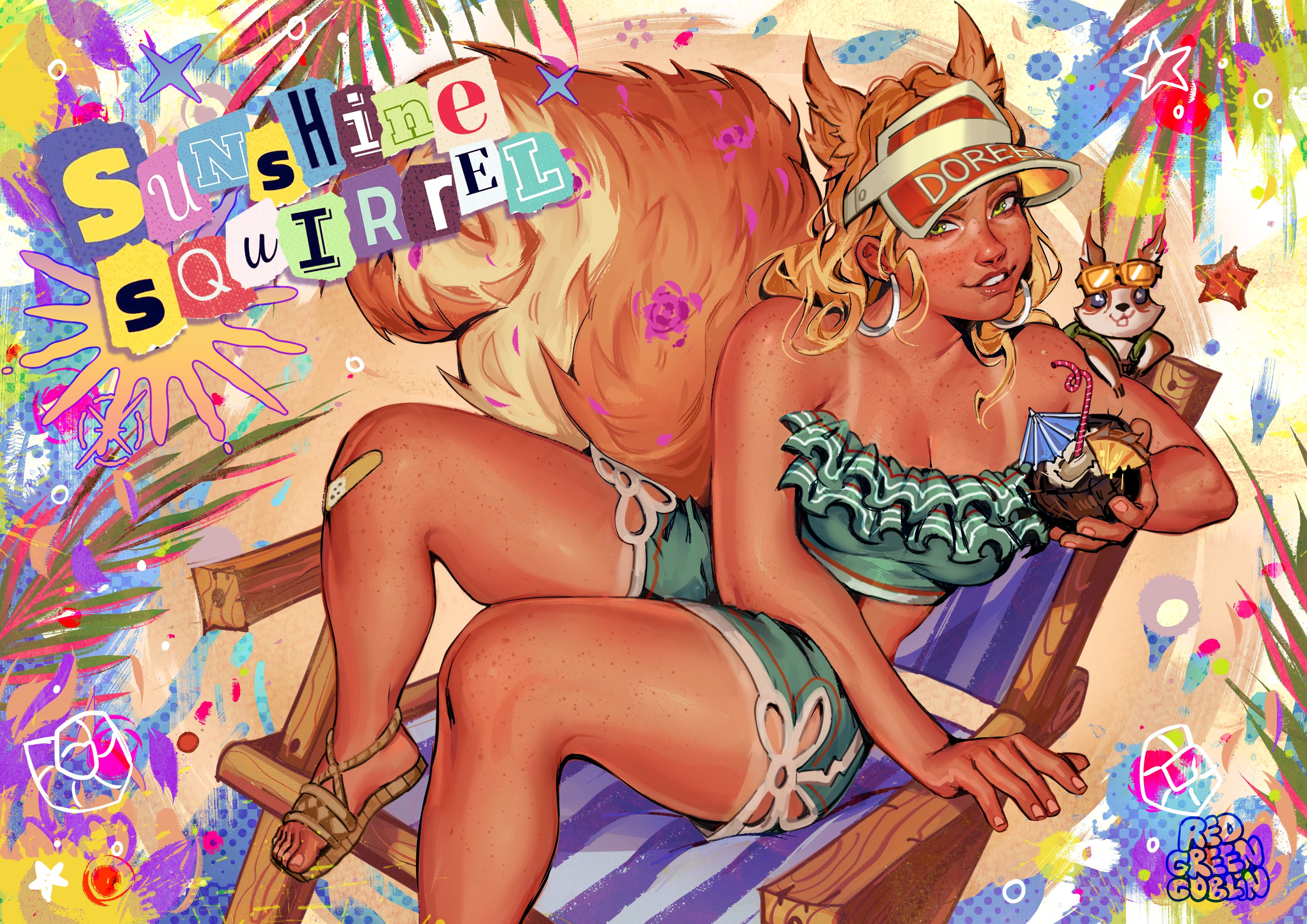 redgreengoblin, squirrel girl (marvel), squirrel girl (sunshine squirrel) (marvel), marvel, marvel rivals, absurdres, commentary, english commentary, highres, 1girl, animal ears, aqua shirt, aqua shorts, beach chair, blonde hair, body freckles, breasts, cleavage, coconut cup, cup, drinking straw, earrings, english text, freckles, frilled shirt, frills, green eyes, holding, holding cup, hoop earrings, jewelry, long hair, official alternate costume, sandals, shirt, shorts, shoulder freckles, silver earrings, sitting, smile, squirrel, squirrel ears, squirrel tail, strapless, strapless shirt, tail, tan, tanline, thigh freckles, tippy-toe
