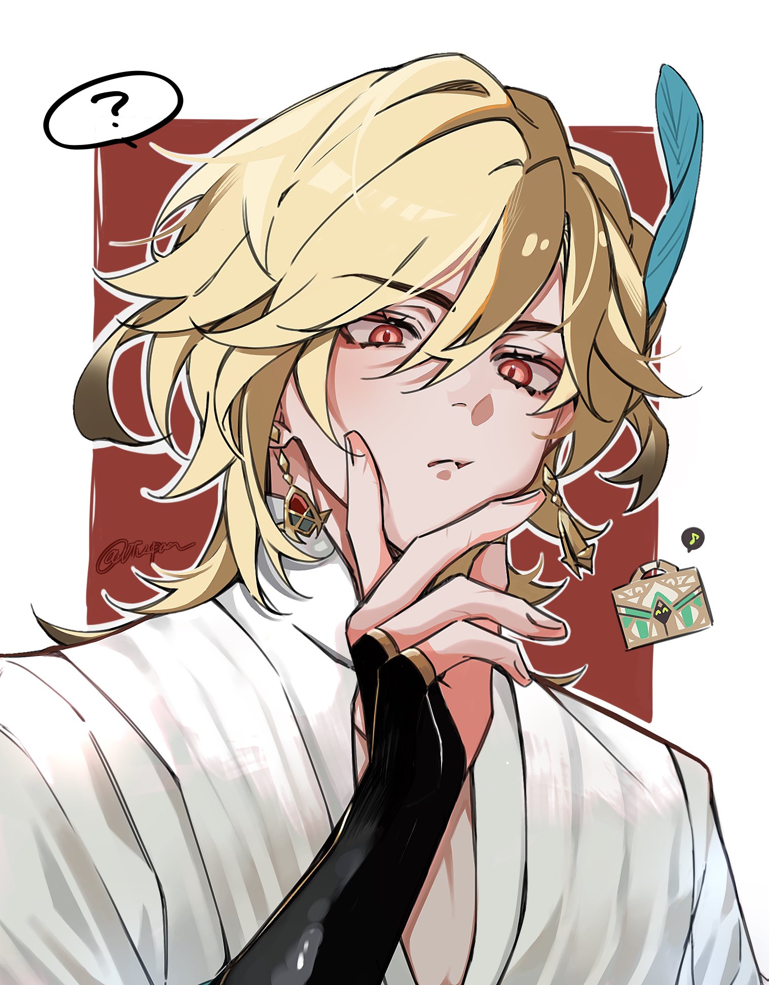 alhaitham (genshin impact), kaveh (genshin impact), genshin impact, commentary, english commentary, highres, 2boys, :/, ?, black gloves, blonde hair, blue feathers, closed mouth, collared shirt, double-parted bangs, earrings, eyelashes, feather hair ornament, feathers, fingerless gloves, fingernails, gloves, hair between eyes, hair ornament, hand on another's chin, jewelry, male focus, mehrak (genshin impact), multiple boys, musical note, open clothes, open shirt, out of frame, piercing, red eyes, shirt, solo focus, speech bubble, spoken musical note, spoken question mark, twitter username, upper body, utu pan, white shirt