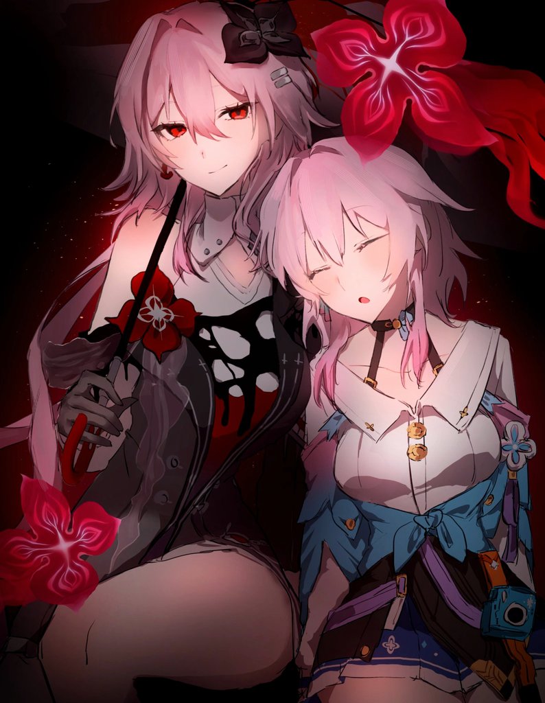 fuahina, evernight (honkai: star rail), march 7th (honkai: star rail), march 7th (preservation) (honkai: star rail), honkai: star rail, honkai (series), commentary, 2girls, bra strap, breasts, buttons, camera, choker, closed eyes, dress, dual persona, earrings, evey (honkai: star rail), flower, hair ornament, hairclip, holding, holding umbrella, jewelry, layered dress, looking at viewer, medium breasts, multiple girls, off-shoulder jacket, off shoulder, parallel hairclips, pink hair, red eyes, shirt, single earring, skirt, strap, thighs, umbrella