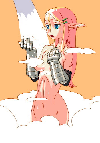 outtake, lowres, tagme, elf, nude, pink hair, pointy ears