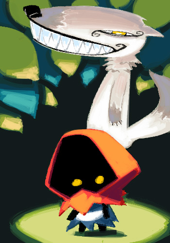 outtake, little red riding hood (fairy tale), lowres, tagme, 1boy, 1girl, child, standing, wolf, yellow eyes