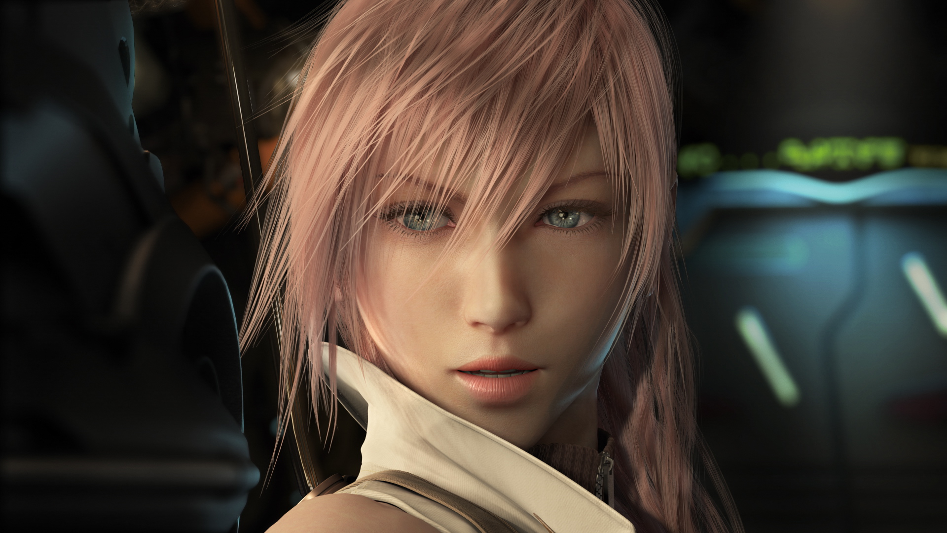 lightning farron, final fantasy, final fantasy xiii, highres, official art, 10s, 1girl, 3d, bare shoulders, blue eyes, female focus, gloves, lips, pink hair, realistic, short hair, solo