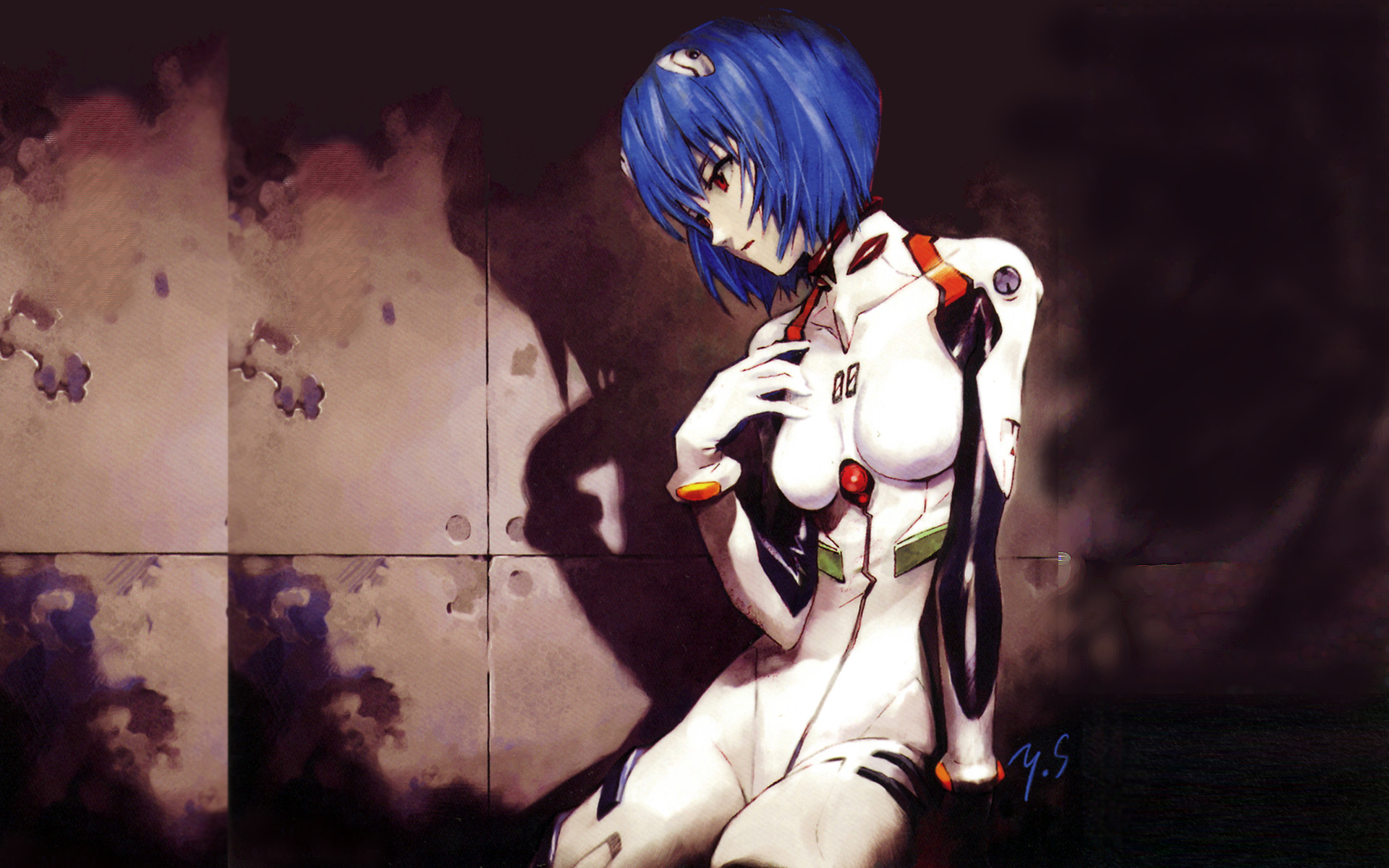 sadamoto yoshiyuki, ayanami rei, neon genesis evangelion, wall, cleaned, highres, official art, official wallpaper, blue hair, mecha pilot suit, plugsuit (evangelion), red eyes, shadow, short hair, solo