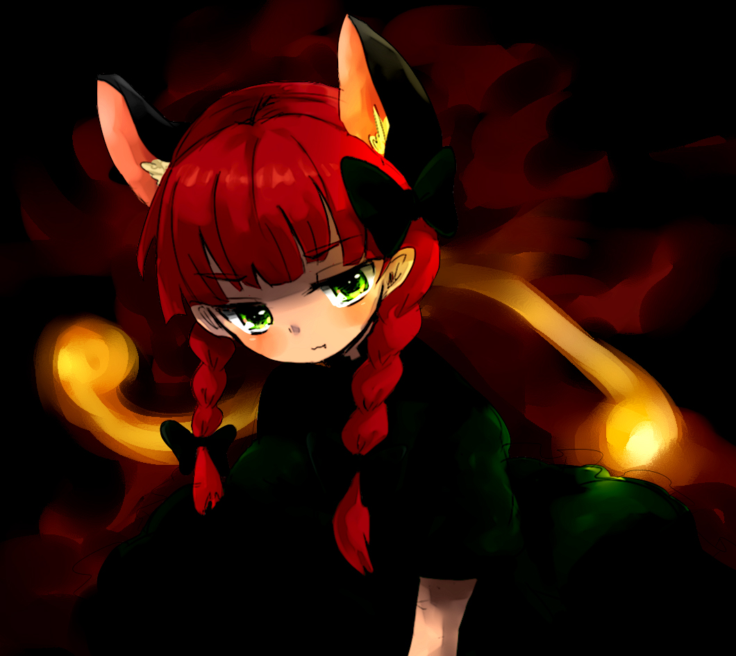 yachiune, kaenbyou rin, touhou, bad id, bad pixiv id, 1girl, animal ears, black background, braid, cat ears, cat girl, female focus, green eyes, hair ribbon, pointy ears, red hair, ribbon, short hair, sitting, solo, twin braids, twintails