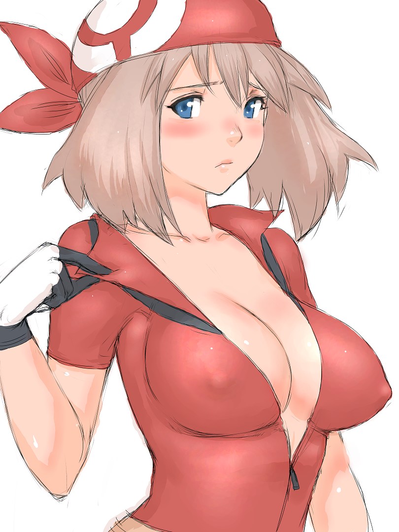 fumio (rsqkr), may (pokemon), nintendo, pokemon, light brown hair, 1girl, aged up, alternate breast size (larger), bandana, blue eyes, blush, breasts, brown hair, cleavage, covered erect nipples, female focus, gloves, hat, large breasts, no bra, open clothes, open shirt, shirt, simple background, sketch, solo, upper body, white background, zipper