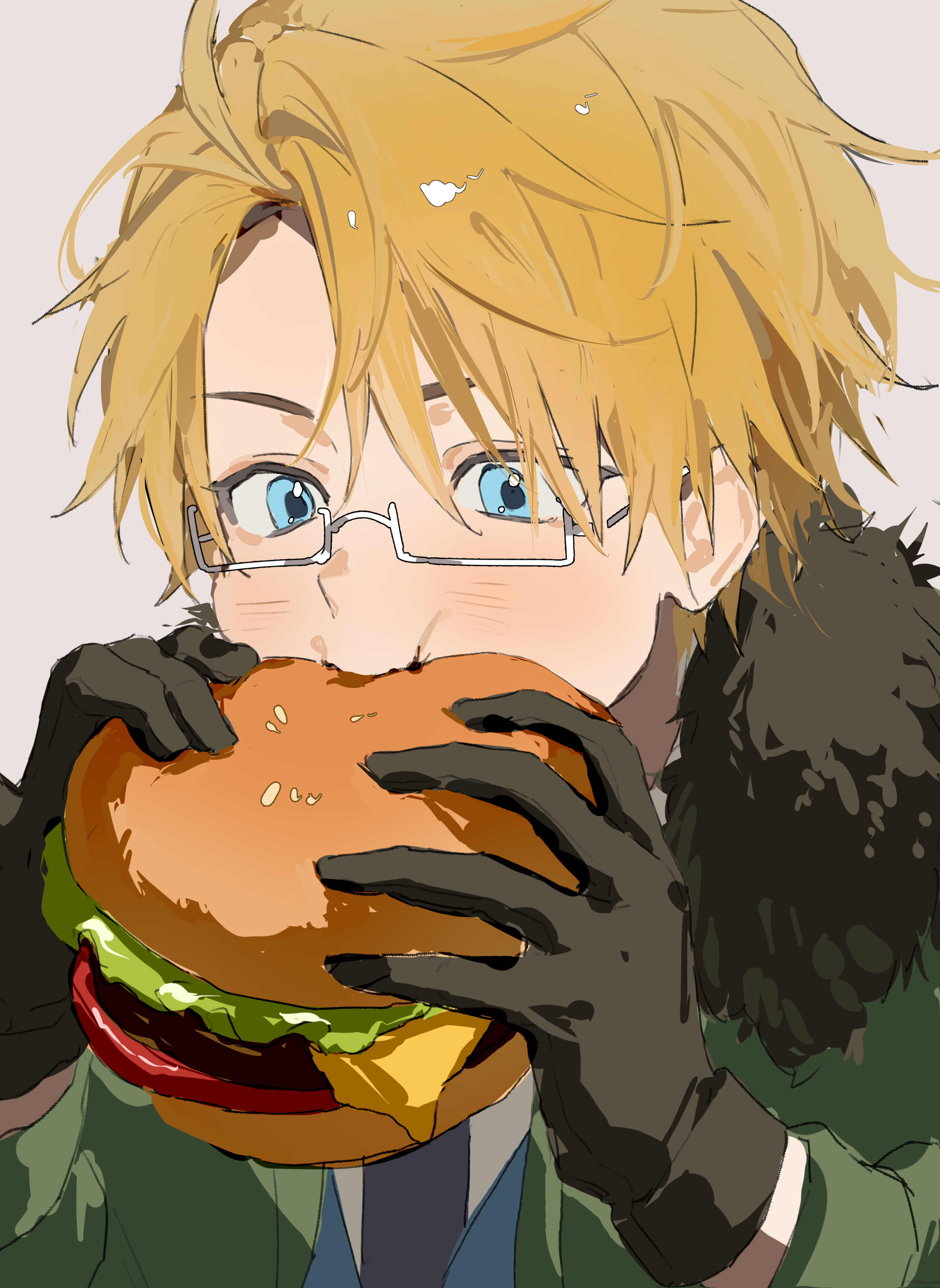 333takoyaki, america (hetalia), axis powers hetalia, absurdres, commentary request, highres, 1boy, black fur, black gloves, blonde hair, blue eyes, burger, chewing, eating, food, fur trim, glasses, gloves, green jacket, grey-framed eyewear, holding, holding burger, holding food, jacket, male focus, portrait, rectangular eyewear, short hair, solo