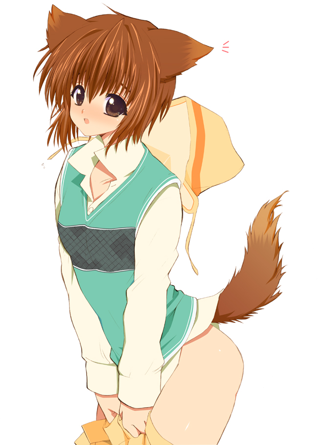 kusaka souji, mamoru (sister princess), sister princess, 00s, 1girl, animal ears, ass, blush, brown eyes, brown hair, female focus, hat, no panties, short hair, solo, tail, thighhighs