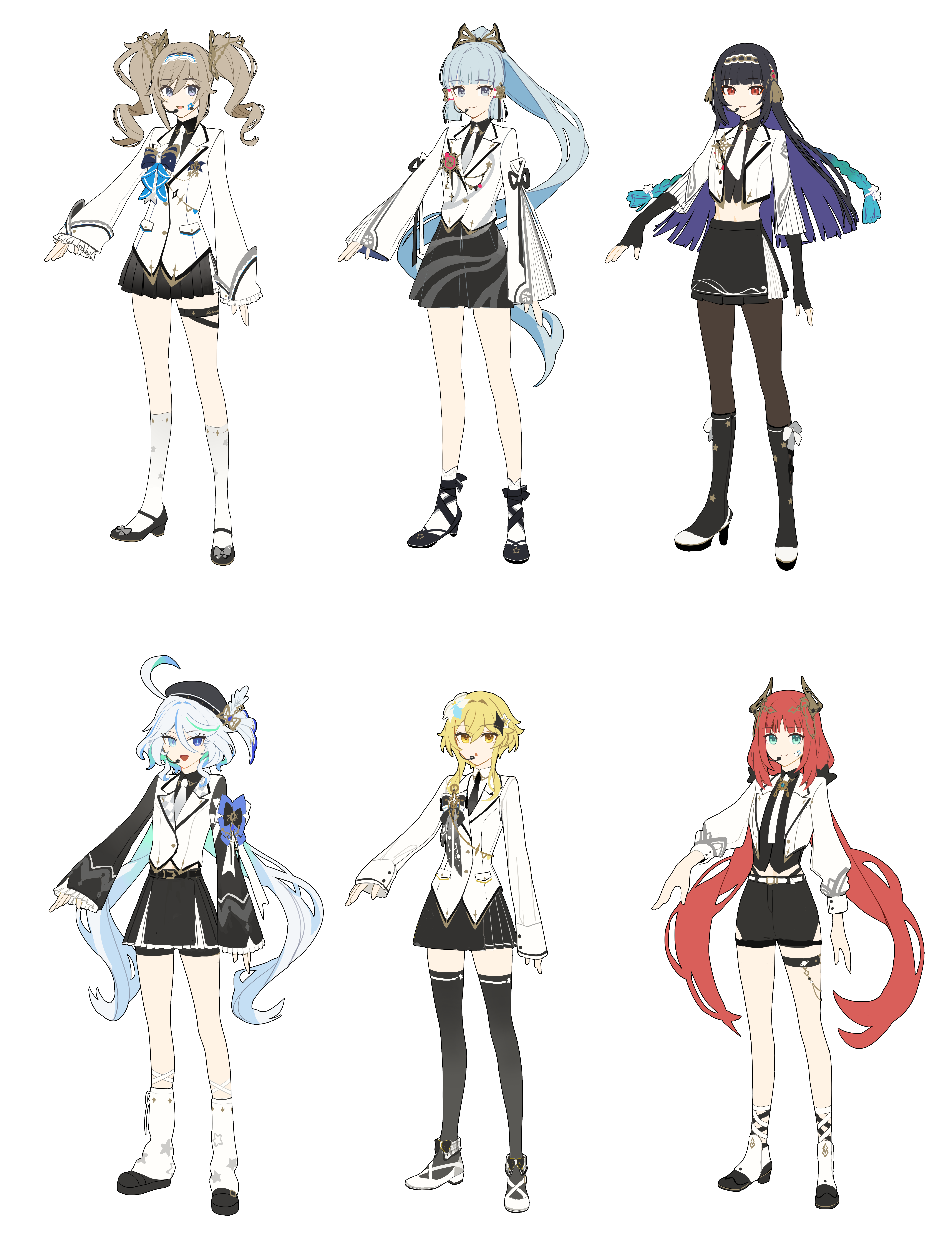 dl (dl 6ix), ayaka (genshin impact), barbara (genshin impact), furina (genshin impact), lumine (genshin impact), nilou (genshin impact), yun jin (genshin impact), genshin impact, absurdres, highres, 6+girls, ahoge, black hair, blonde hair, blue eyes, blue hair, blunt bangs, bug, dress, drill hair, fake horns, firefly, flower, hair between eyes, hair flower, hair ornament, hair ribbon, horns, idol clothes, insect, long hair, long sleeves, mole, mole under eye, multicolored hair, multiple girls, ponytail, red eyes, red hair, ribbon, short hair with long locks, twin drills, twintails, white hair, yellow eyes