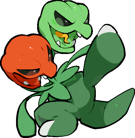 kawaanago, scovillain, nintendo, pokemon, commentary request, lowres, fangs, full body, multiple heads, open mouth, pokemon (creature), pokemon focus, smile, solo, tongue, transparent background, v-shaped eyes