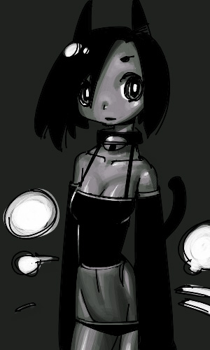 outtake, character request, copyright request, lowres, tagme, 1girl, breasts, cleavage, female focus, monochrome, panties, solo, underwear