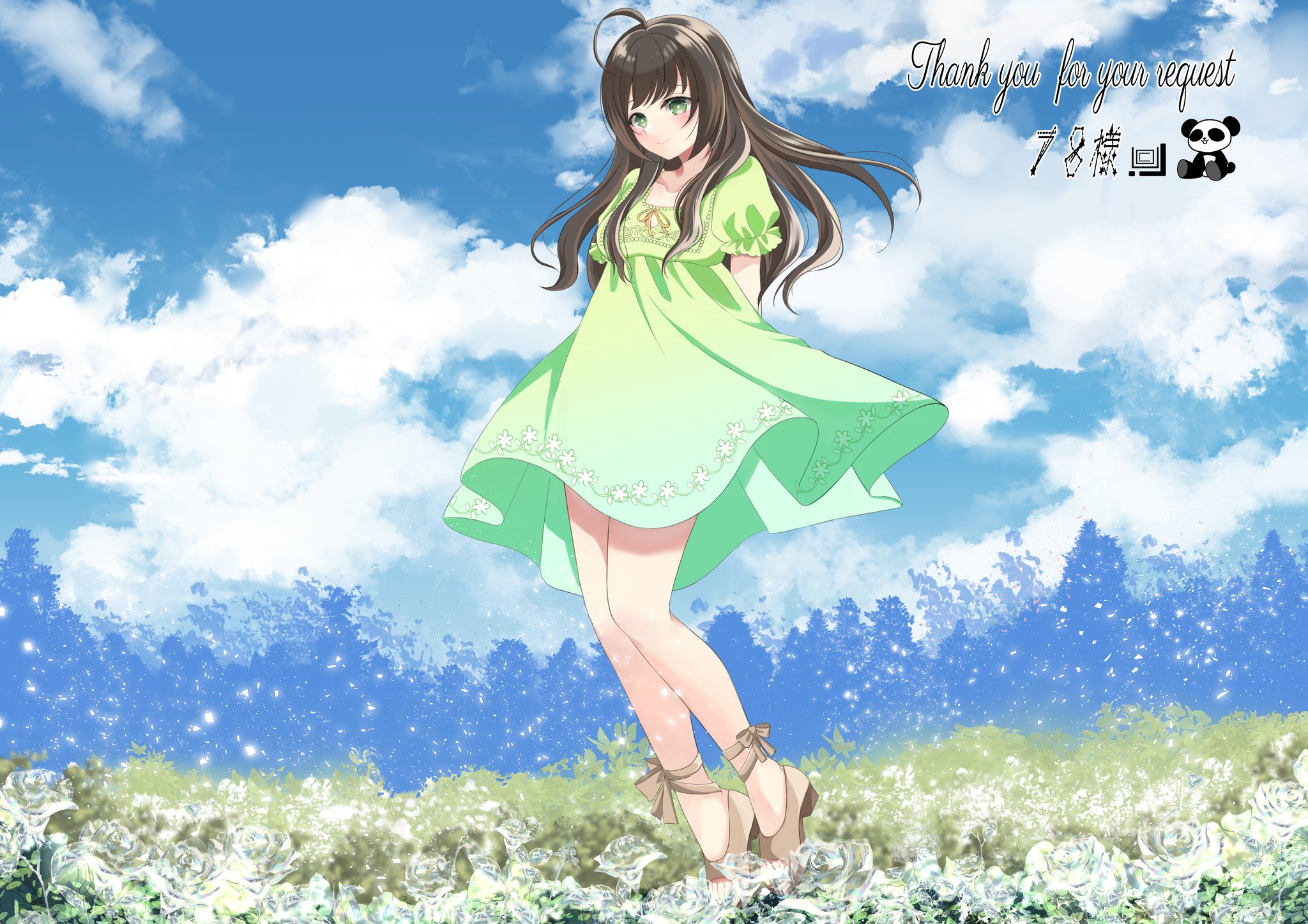 niizuru mafuyu, station memories, highres, 1girl, blue sky, brown hair, dress, green dress, sky