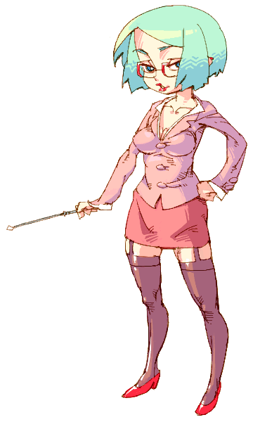 outtake, breasts, cleavage, glasses, green hair, high heels, shoes, teacher, thighhighs