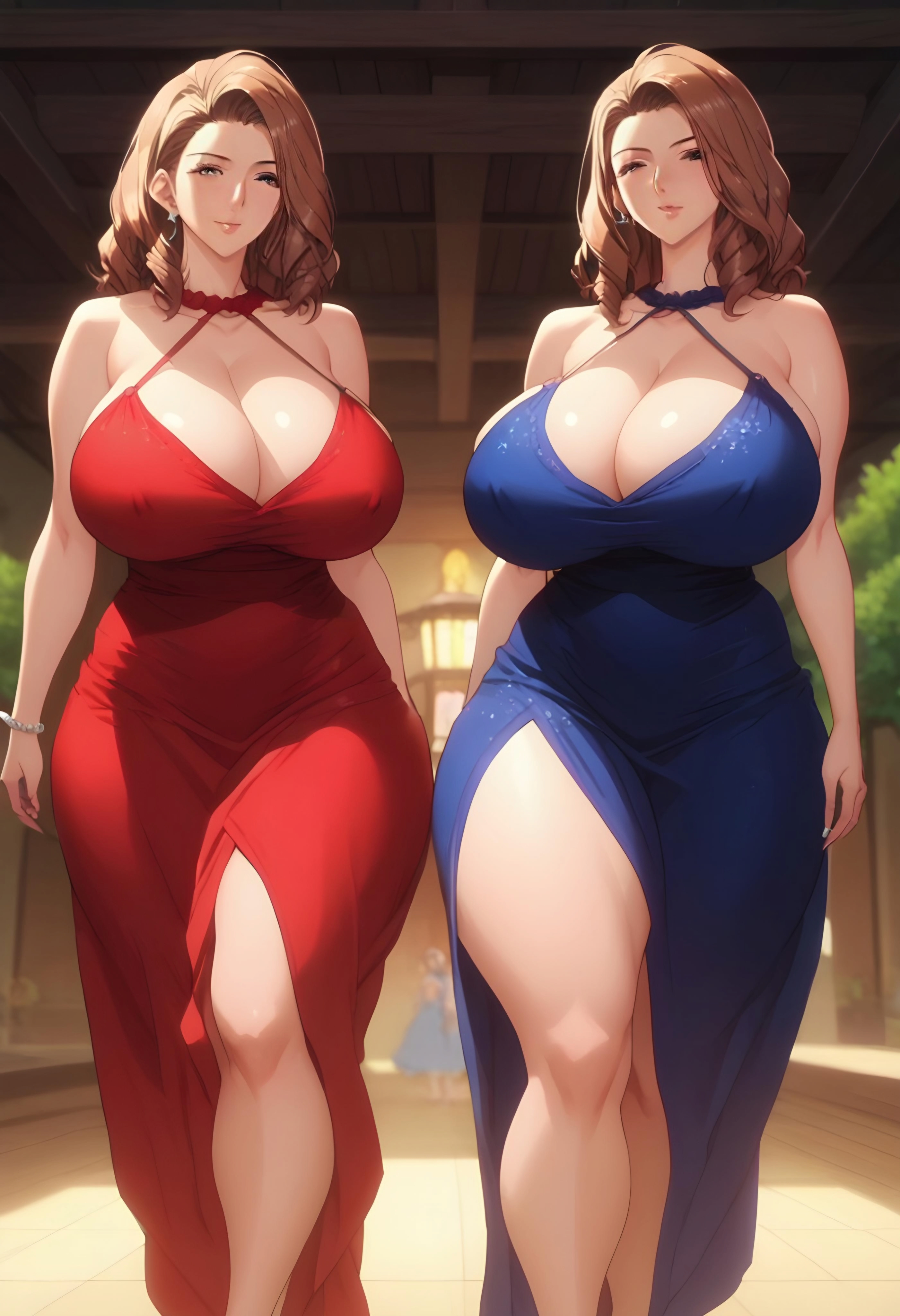 mishima yumi, ootake nami, twin milf, absurdres, highres, 2girls, blue dress, breasts, brown hair, dress, green eyes, huge breasts, mature female, multiple girls, red dress, seductive gaze, short hair, siblings, standing, thighs, twins
