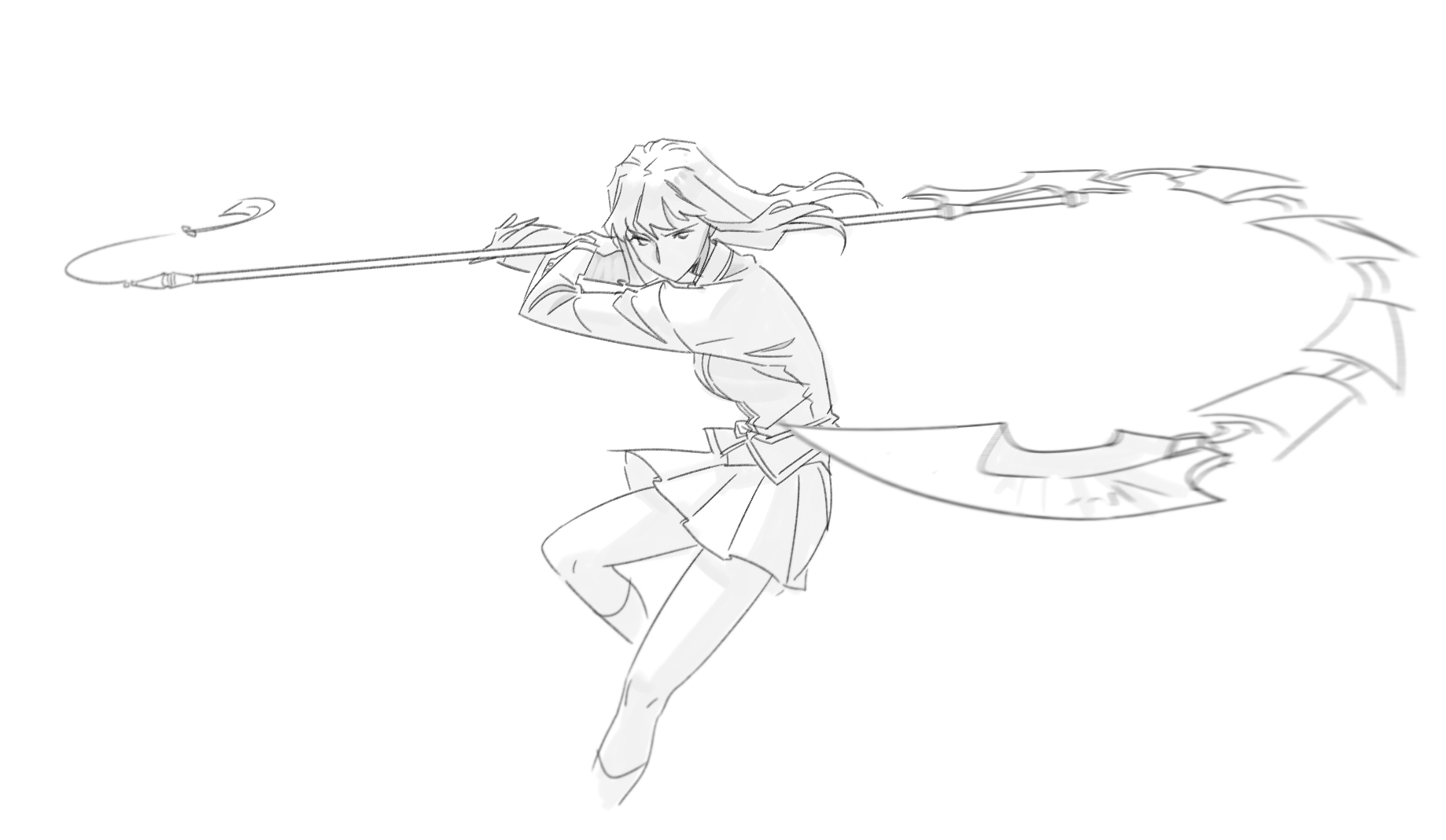 guri gom, fujino shizuru, my-hime, highres, 1girl, floating hair, fuuka academy school uniform, greyscale, holding, holding polearm, holding weapon, jacket, long hair, looking at viewer, monochrome, motion blur, naginata, no mouth, pleated skirt, polearm, school uniform, skirt, socks, solo, weapon