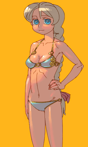 outtake, lowres, bikini, blonde hair, blue eyes, braid, swimsuit