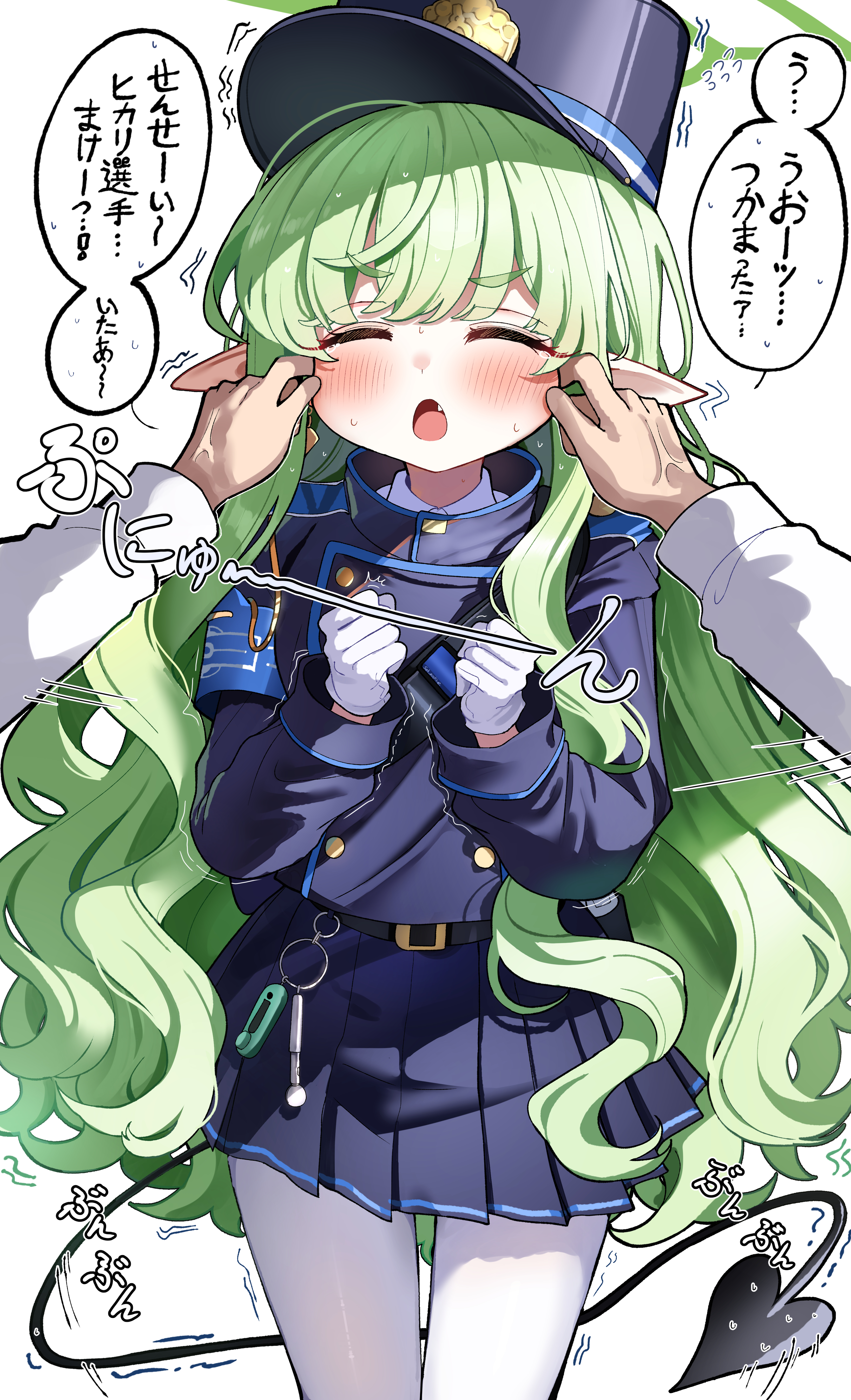 sak (lemondisk), hikari (blue archive), blue archive, absurdres, highres, 1girl, 1other, armband, belt, blue armband, blush, cheek pinching, closed eyes, demon tail, facing viewer, fang, gloves, green hair, halo, long hair, long sleeves, open mouth, pantyhose, pinching, pointy ears, shirt, simple background, skirt, solo focus, speech bubble, sweat, tail, trembling, very long hair, white background, white gloves, white pantyhose