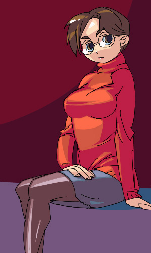 outtake, character request, copyright request, lowres, tagme, 1girl, brown hair, female focus, glasses, pantyhose, solo