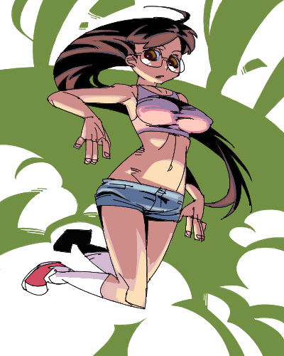 outtake, lowres, 1girl, breasts, brown eyes, brown hair, female focus, full body, glasses, long hair, midriff, navel, shoes, shorts, socks, solo