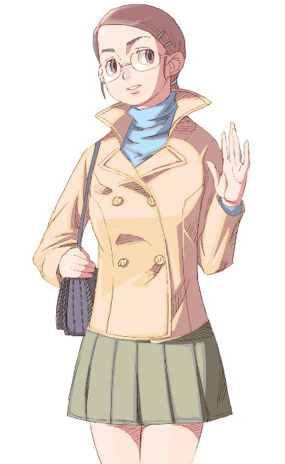 outtake, 1girl, bag, brown eyes, brown hair, coat, female focus, glasses, simple background, skirt, smile, solo, turtleneck