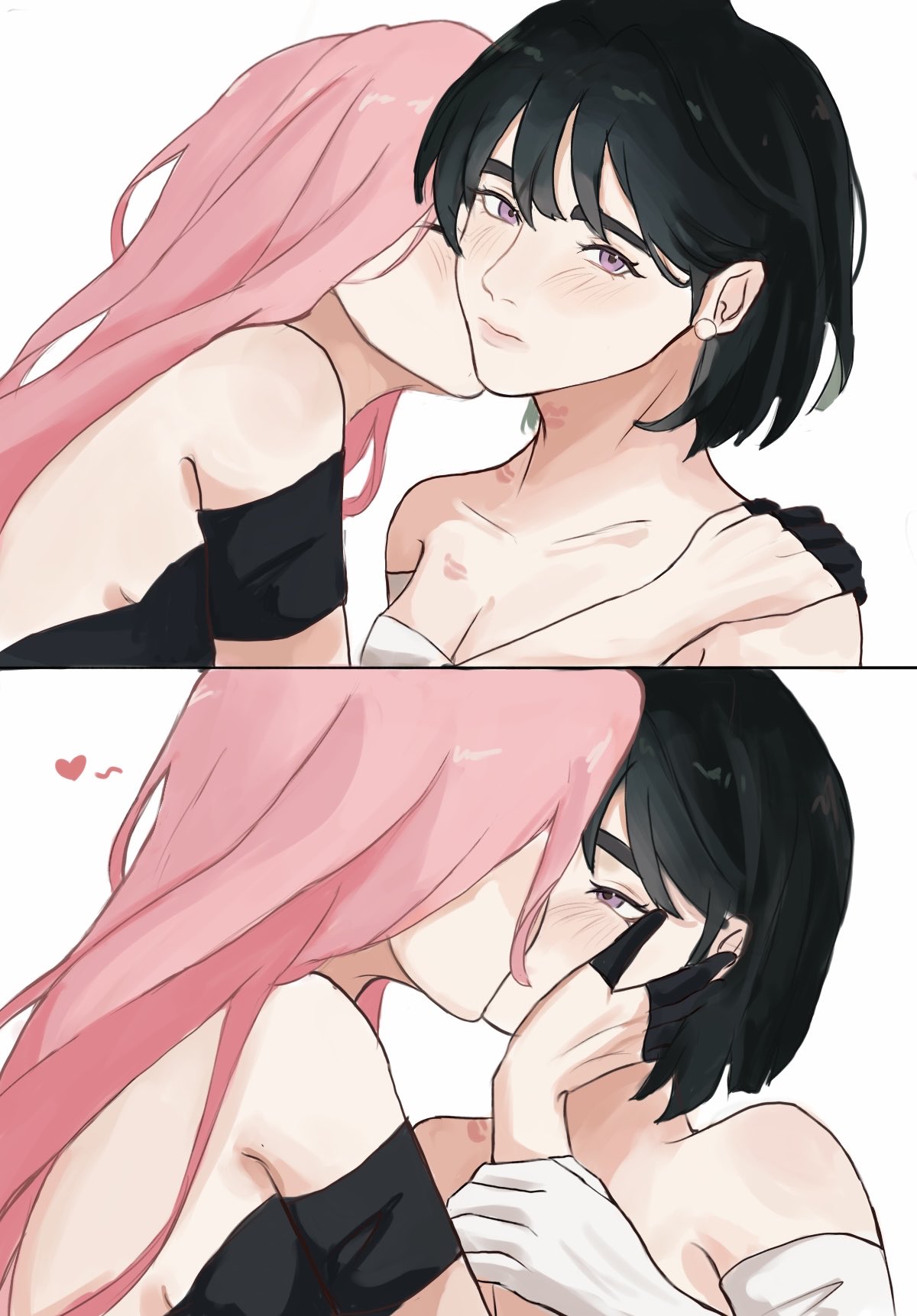 mizi (alien stage), sua (alien stage), alien stage, commentary, english commentary, highres, 2girls, animal ears, black dress, black gloves, black hair, dress, gloves, half gloves, hand on another's face, kiss, kissing cheek, lipstick mark, lipstick mark on breast, lipstick mark on neck, long hair, multiple girls, pannpanboo, pink hair, purple eyes, short hair, simple background, white background, white dress, yuri