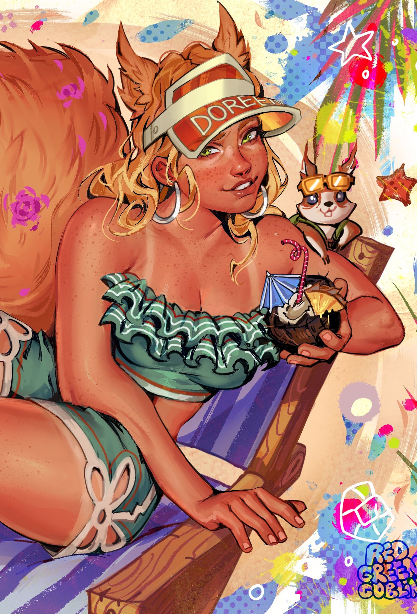 redgreengoblin, squirrel girl (marvel), squirrel girl (sunshine squirrel) (marvel), marvel, marvel rivals, commentary, cropped, english commentary, highres, 1girl, animal ears, aqua shirt, aqua shorts, beach chair, blonde hair, body freckles, breasts, cleavage, coconut cup, cup, drinking straw, earrings, freckles, frilled shirt, frills, green eyes, holding, holding cup, hoop earrings, jewelry, long hair, official alternate costume, shirt, shorts, shoulder freckles, silver earrings, sitting, smile, squirrel, squirrel ears, squirrel tail, strapless, strapless shirt, tail, tan, tanline, thigh freckles, tippy-toe